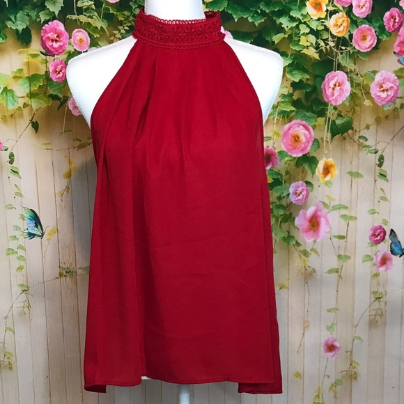 Tops - Red Flowy Top with Lace Neck Closure